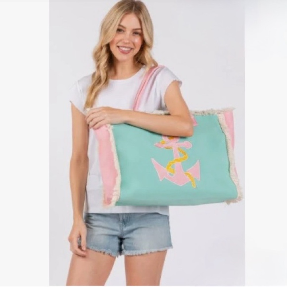 Pink Embroidered Anchor Rope Nautical Cream Fringe Trim 17.5" Tote Beach Bag - Picture 2 of 3
